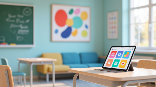 教育行业在线学习平台，电脑屏幕显示在线课程界面，包含视频播放器、课件展示区域，学生正在观看课程