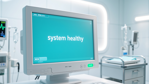 医疗行业信息系统，医院大厅背景，医生正在使用电脑查看电子病历系统，现代化医疗设备环绕